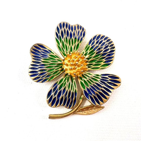 Vintage JJ Jonette Large Flower Brooch Gold Enamel Blue Green 2.5" 3D